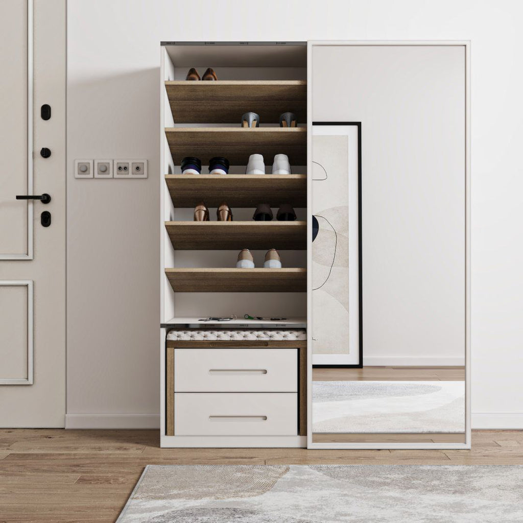 Shoe cabinet with mirror and bench