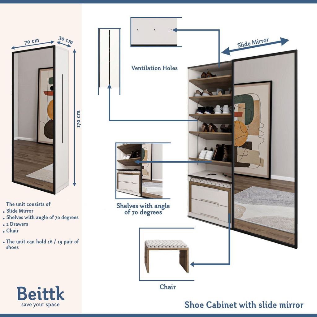 Shoe cabinet with mirror and bench