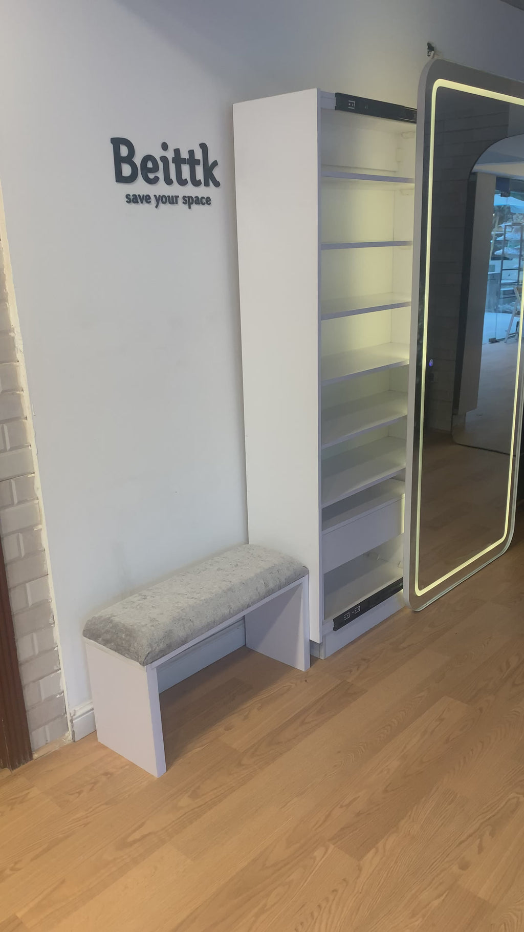 Shoe cabinet with mirror and bench